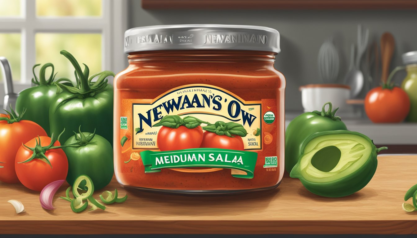 A jar of Newman's Own Medium Salsa sits on a kitchen counter, surrounded by fresh tomatoes, onions, and jalapeños. The vibrant colors and textures of the ingredients create a visually appealing scene