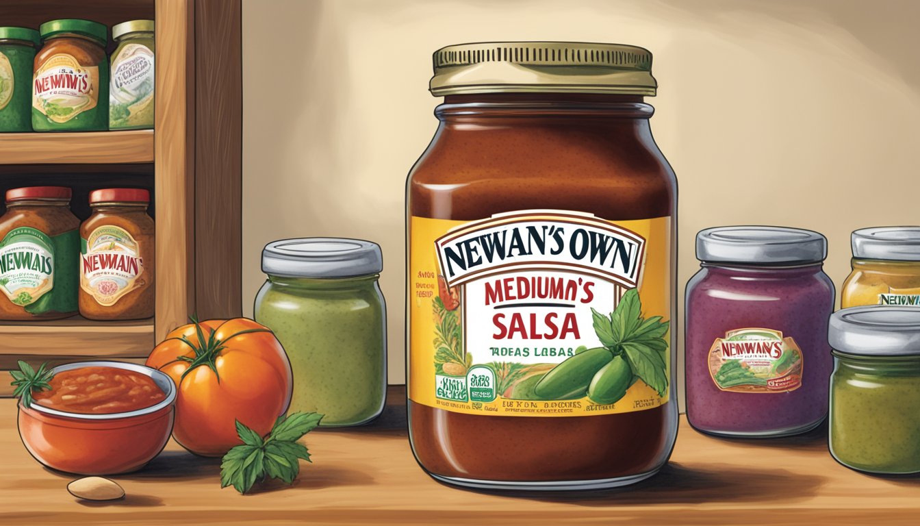 A jar of Newman's Own Medium Salsa sits on a kitchen shelf, surrounded by other condiments and spices. The label is facing forward, and the lid is tightly sealed