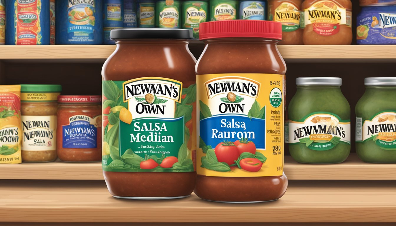 A jar of Newman's Own Medium Salsa sits unopened on a clean, organized pantry shelf, with a clear expiration date visible on the label