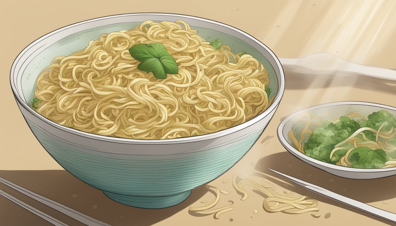 A bowl of noodles left out at room temperature, showing signs of mold and a sour odor