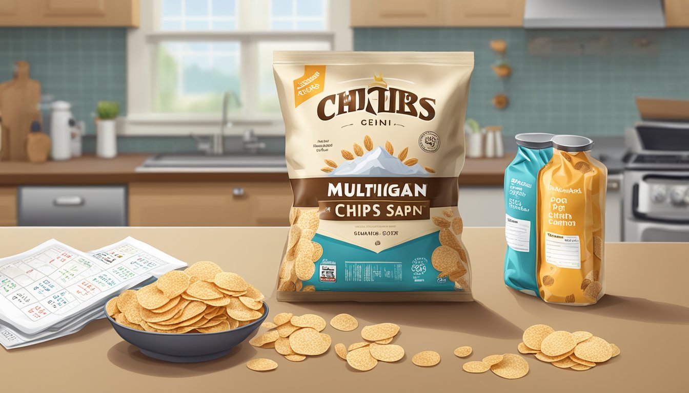 A bag of multigrain chips sits unopened on a kitchen counter, surrounded by various expiration date labels and a calendar