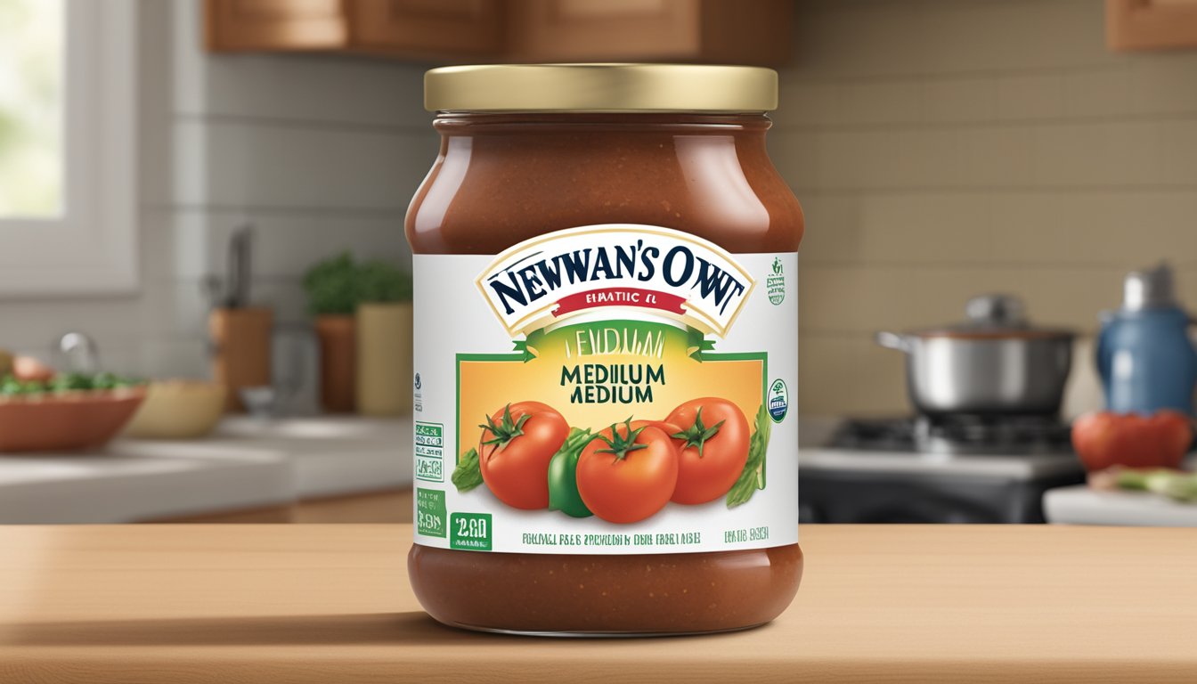 A jar of Newman's Own Medium Salsa sits on a kitchen counter, unopened with a label indicating the expiration date