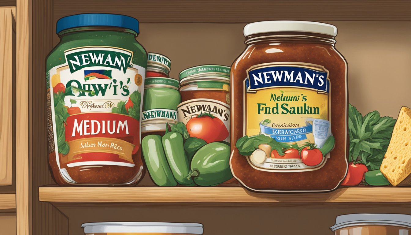 A jar of Newman's Own Medium Salsa sits on a pantry shelf, surrounded by other food items. The label indicates the expiration date