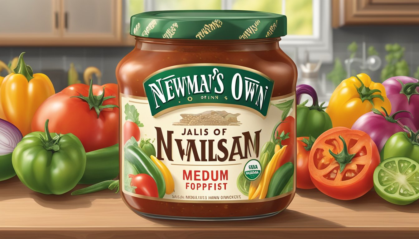 A jar of Newman's Own Medium Salsa sits unopened on a kitchen counter, surrounded by colorful ingredients like tomatoes, onions, and peppers