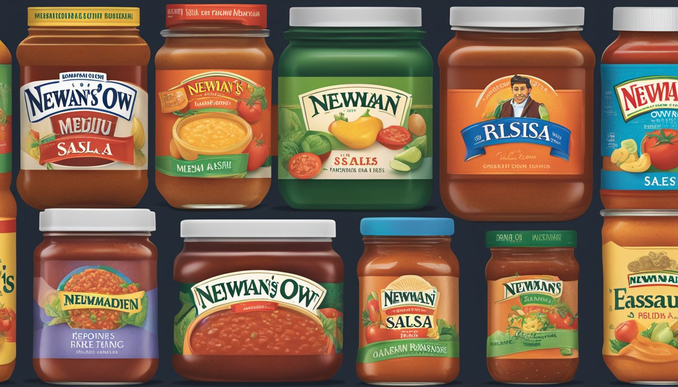 A jar of Newman's Own Medium Salsa next to open jars of other salsa brands, all with expiration dates visible