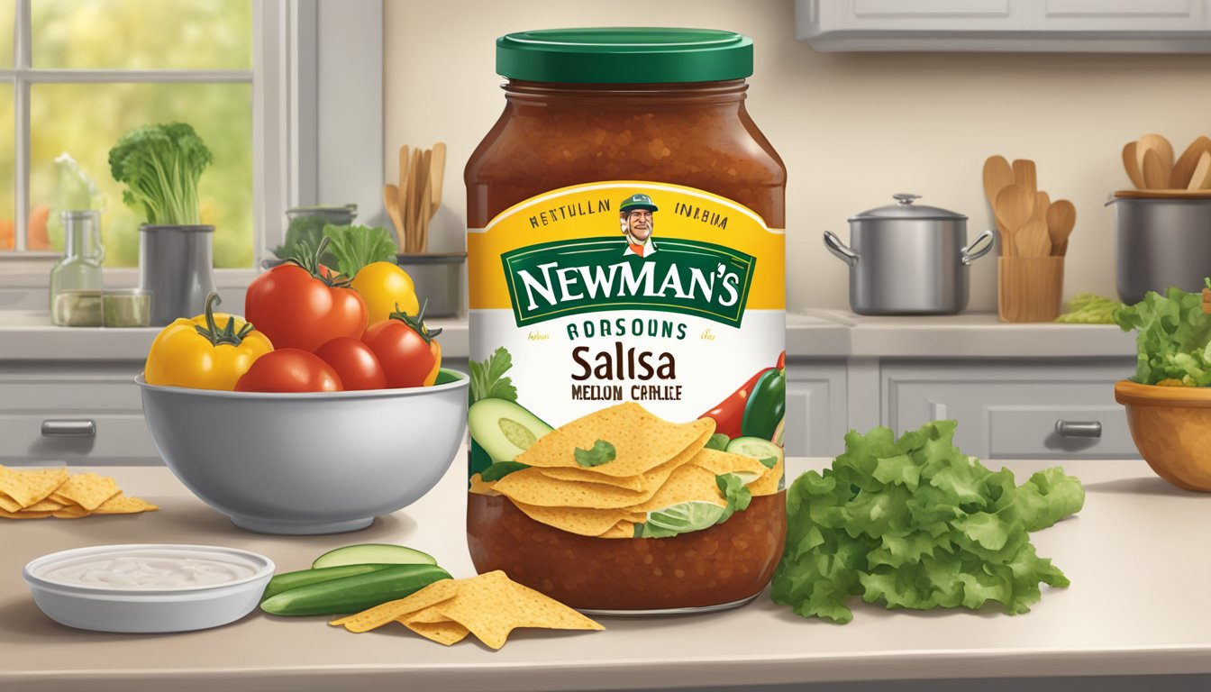 A jar of Newman's Own Medium Salsa sits on a kitchen counter, surrounded by colorful tortilla chips and fresh vegetables