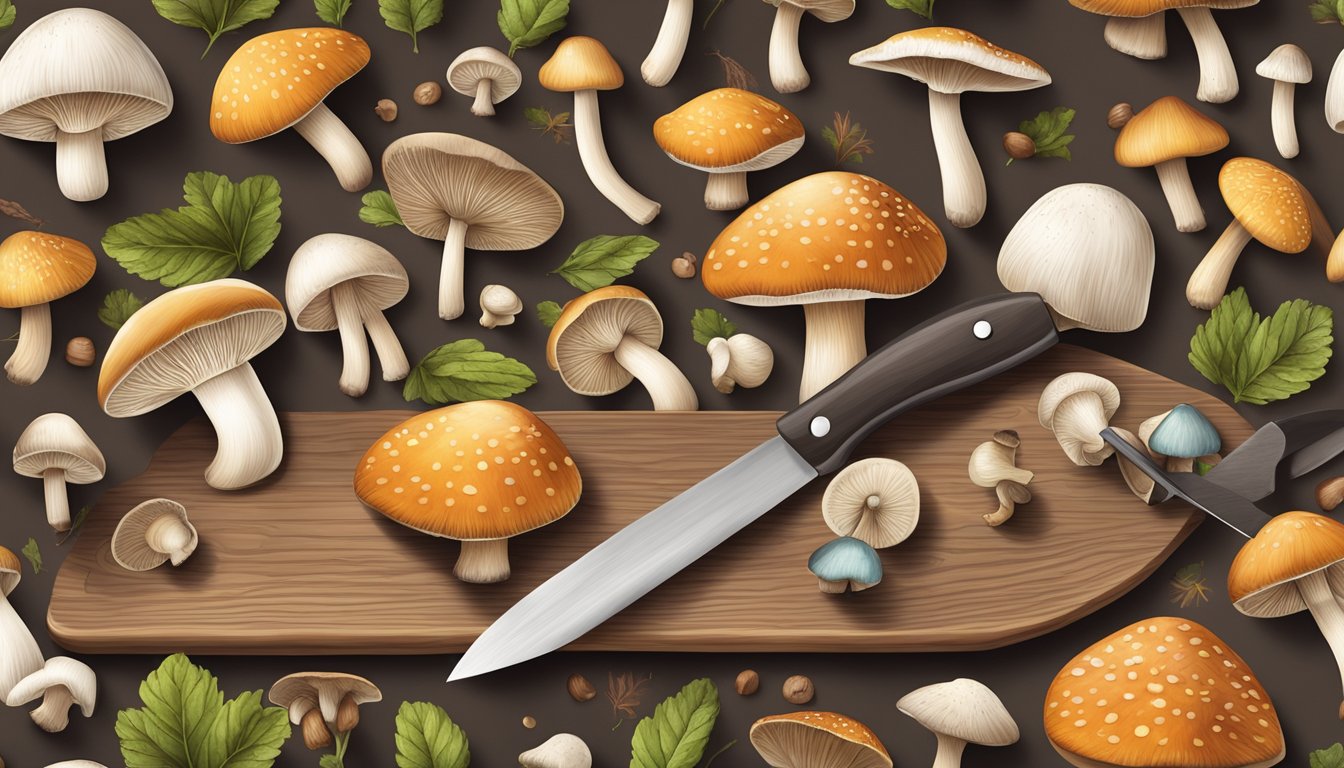 A variety of mushrooms arranged on a wooden cutting board, with a knife and measuring tape nearby