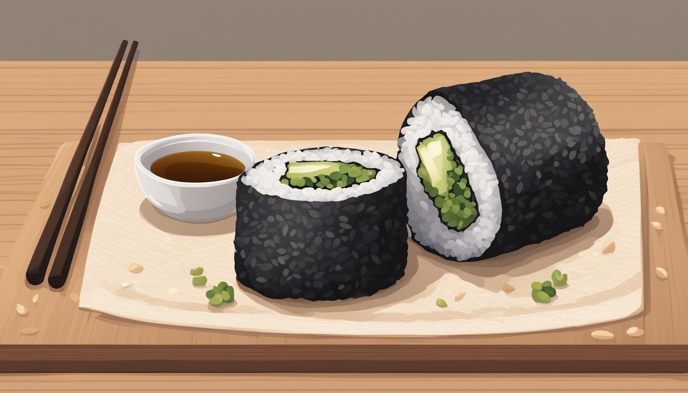 A roll of nori lies on a wooden cutting board, surrounded by scattered grains of rice and a small dish of soy sauce