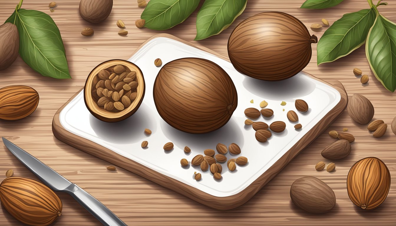 A whole nutmeg resting on a wooden cutting board, surrounded by scattered nutmeg seeds and a grater