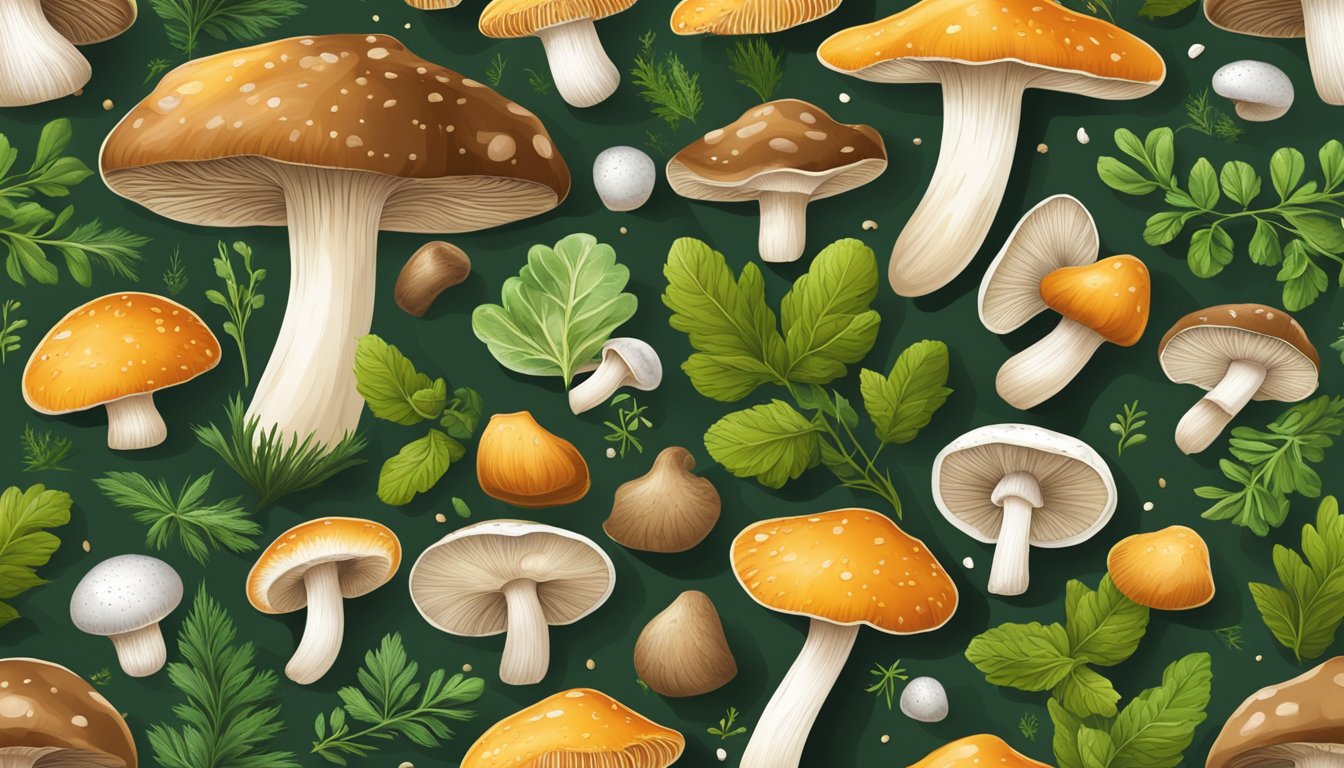 A variety of fresh mushrooms arranged on a wooden cutting board, with some sliced and others whole, surrounded by vibrant green herbs and a sprinkle of salt