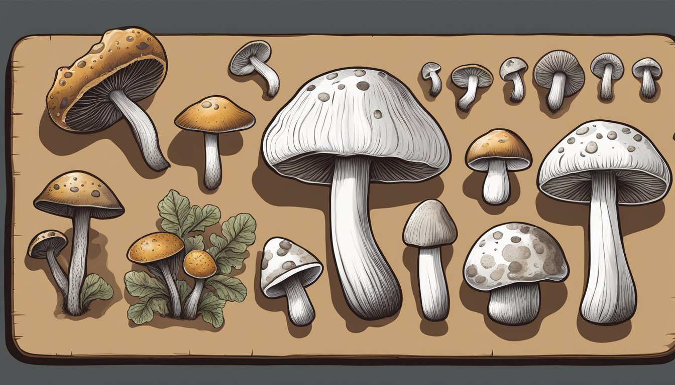 A variety of mushrooms in different stages of decay, from fresh to moldy, arranged on a wooden cutting board