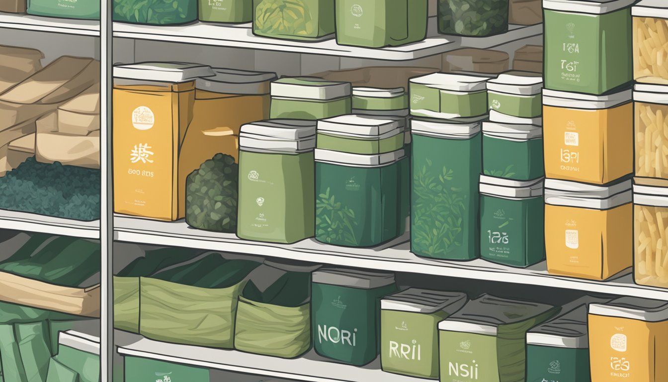 A package of nori seaweed lies unopened on a clean, organized pantry shelf, next to other dried goods