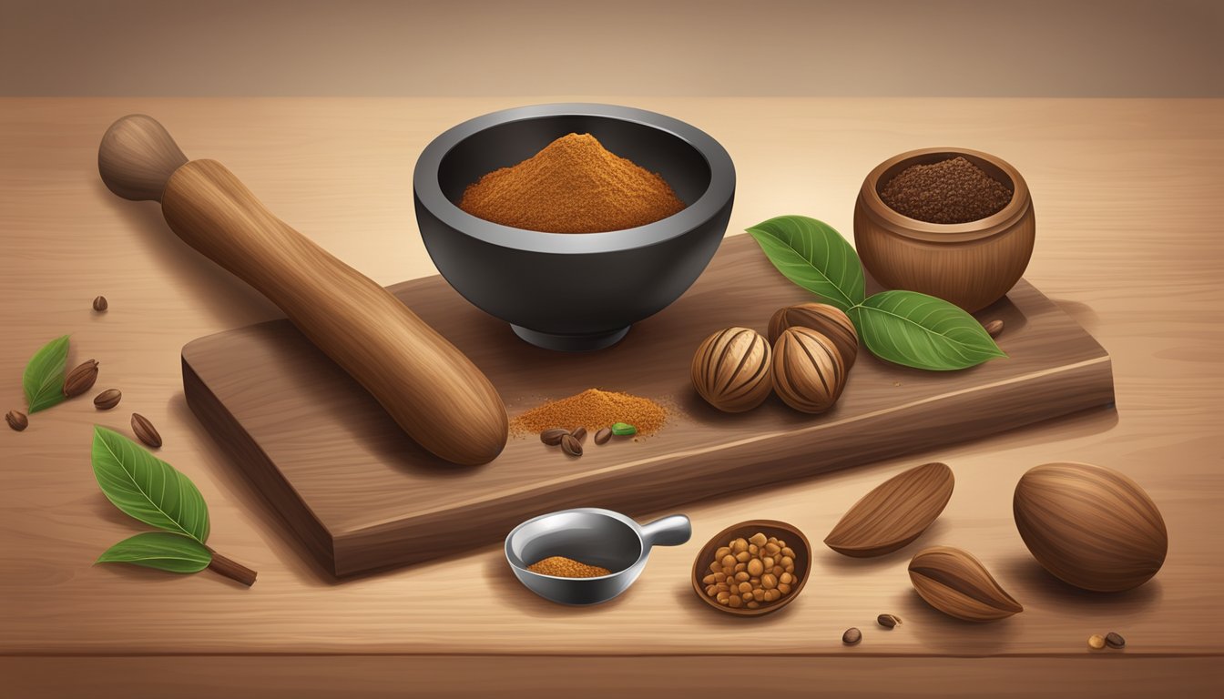 A whole nutmeg resting on a wooden cutting board, surrounded by a mortar and pestle, a spice grinder, and a small pile of ground nutmeg