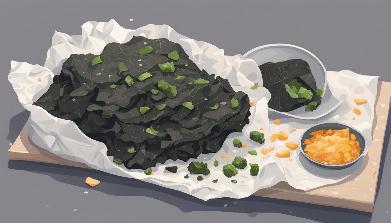 A piece of nori lies crumpled on a kitchen counter, its edges curling and discolored, surrounded by a few loose flakes