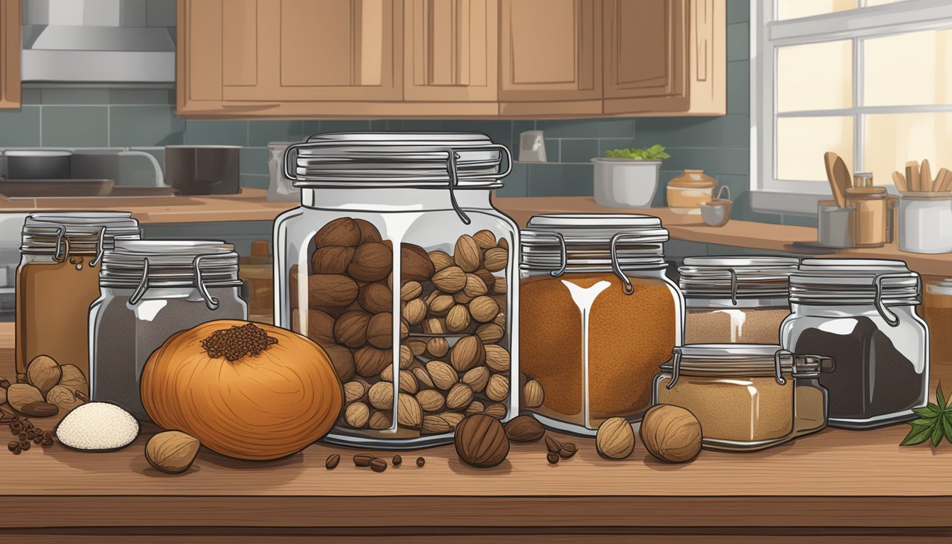 A jar of nutmeg sits on a kitchen counter, surrounded by other spices and ingredients. The label on the jar indicates the expiration date