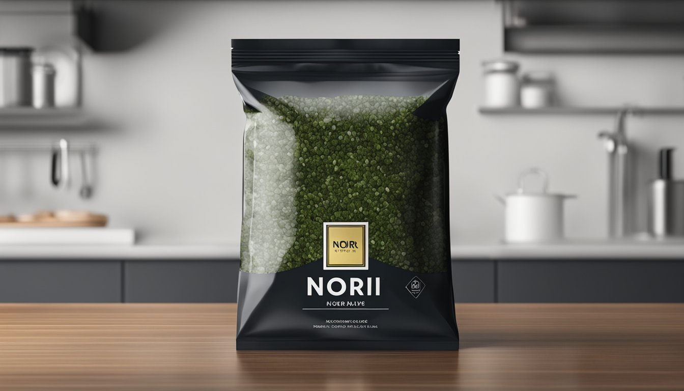 A tightly sealed package of nori sits on a clean, dry shelf in a cool, dark pantry