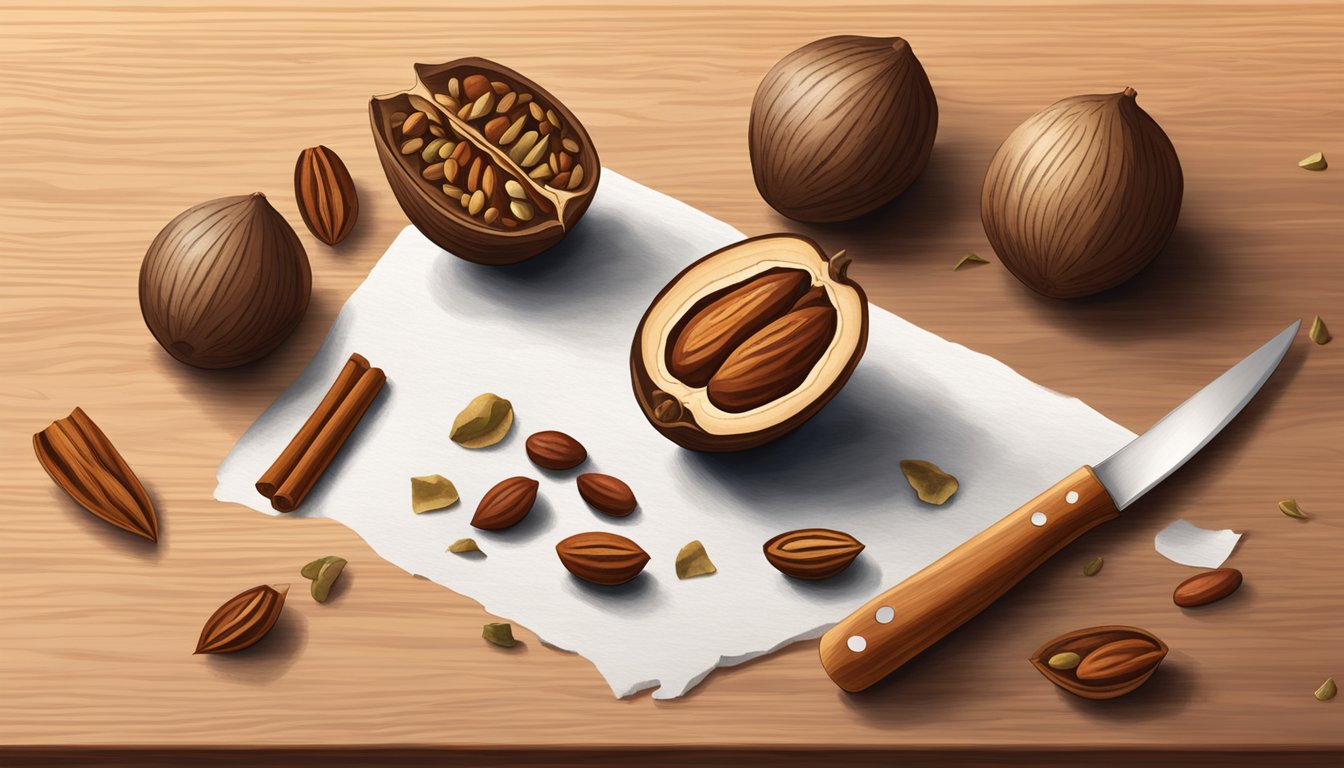 A whole nutmeg seed sits on a wooden cutting board, surrounded by a scattering of smaller, broken pieces. The warm, natural lighting highlights the rich brown color and textured surface of the spice