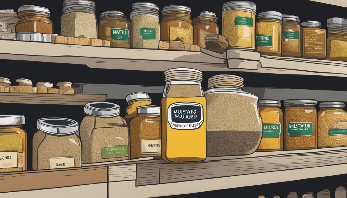 A jar of mustard powder sits on a shelf, surrounded by various spices and seasonings. The label indicates the expiration date, highlighting its shelf life