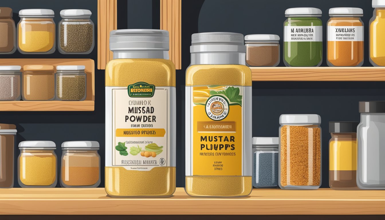 A jar of mustard powder sits on a kitchen shelf, surrounded by other spices and condiments. The label shows the expiration date, while the powder inside remains dry and free of clumps