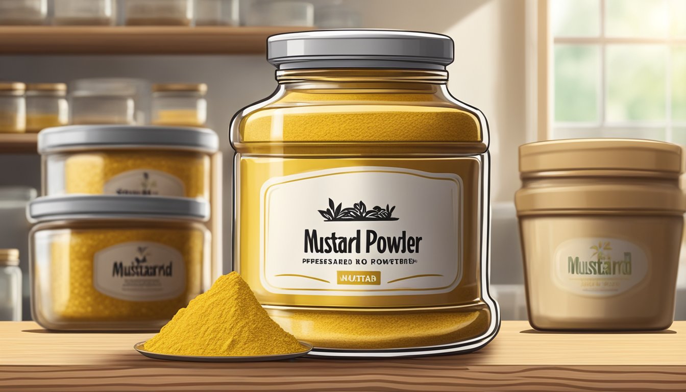 A tightly sealed jar of mustard powder on a pantry shelf, away from direct sunlight and moisture