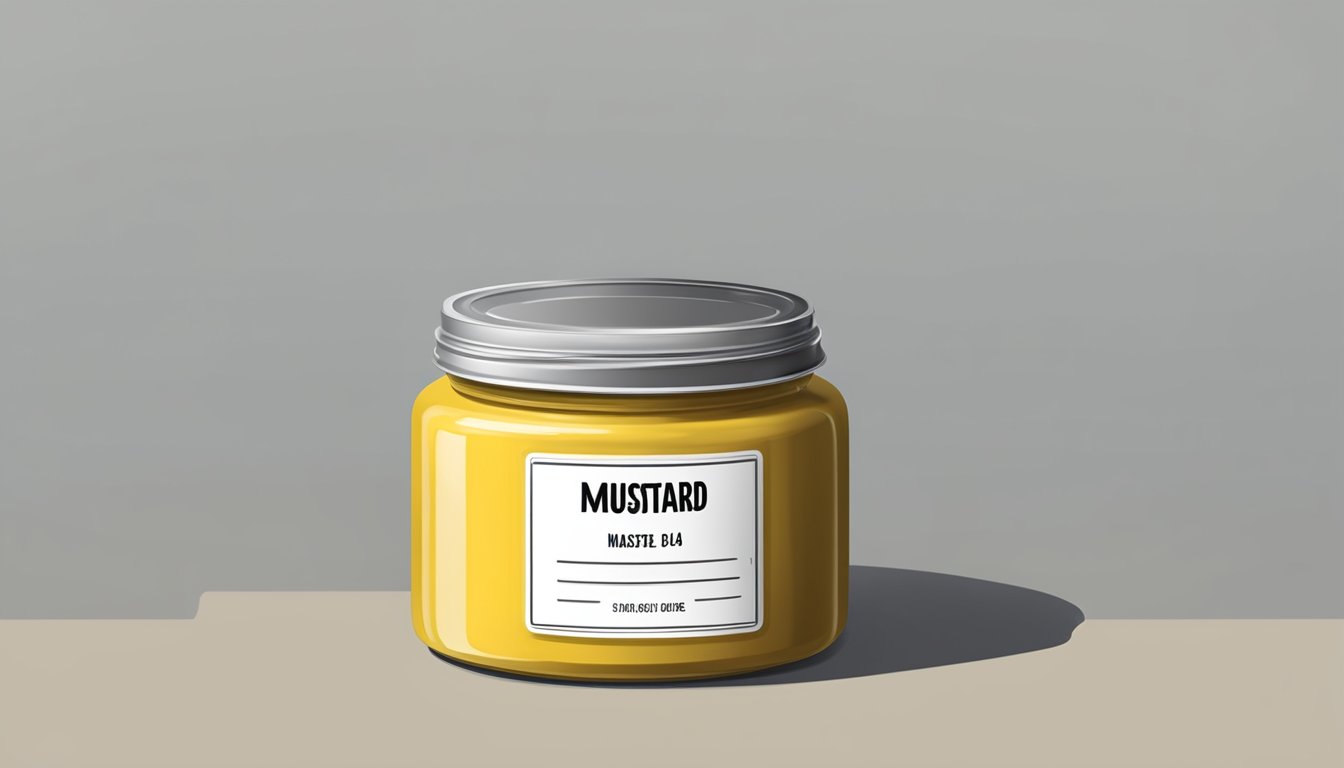 A jar of mustard powder with a visible expiration date and a label indicating proper storage conditions