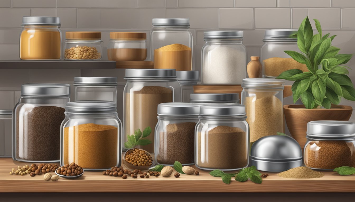 A jar of nutmeg powder on a kitchen counter, surrounded by various spices and herbs in glass jars and metal tins