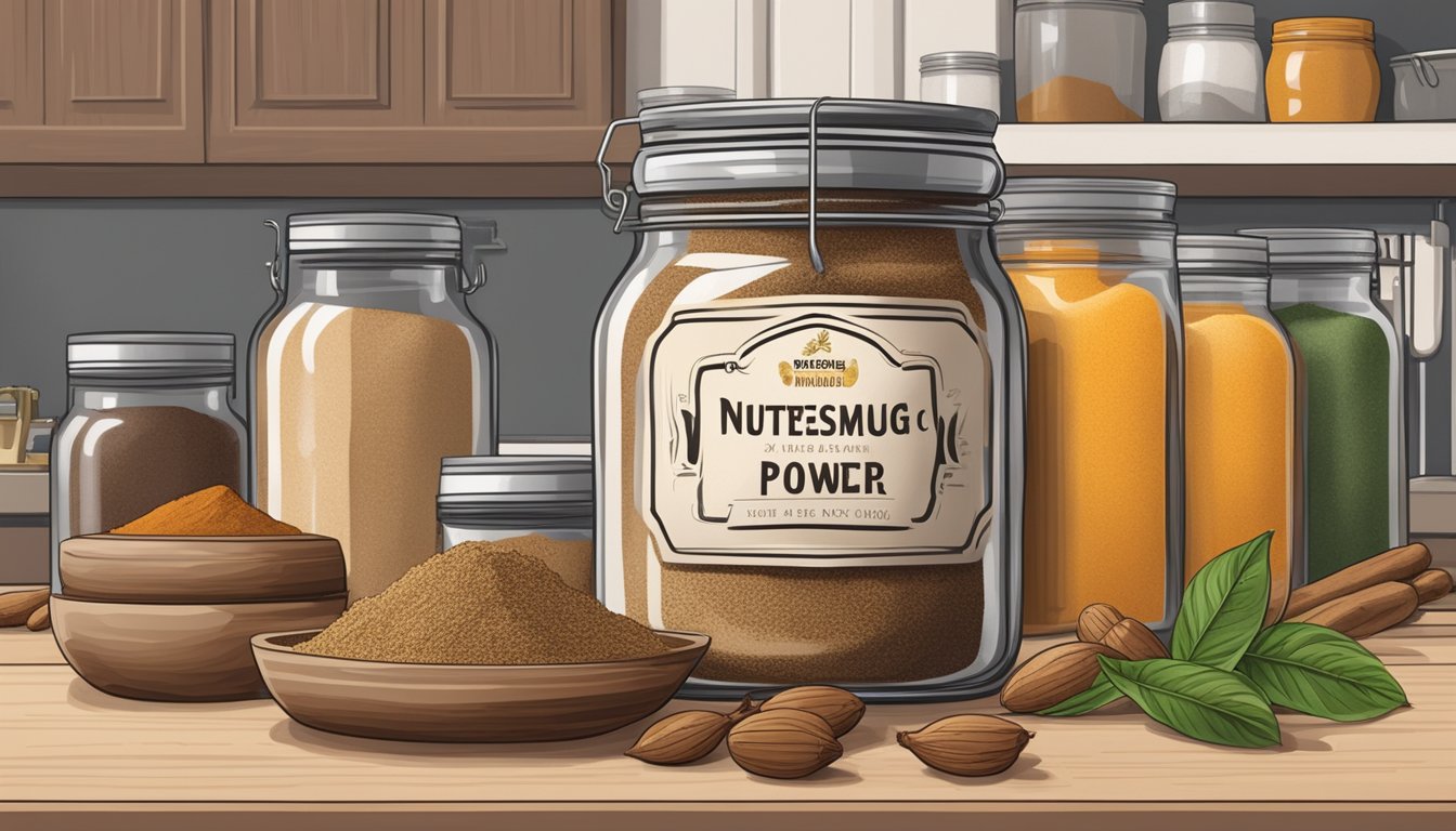 A jar of nutmeg powder sits on a kitchen shelf, surrounded by other spices and ingredients. The label indicates the expiration date