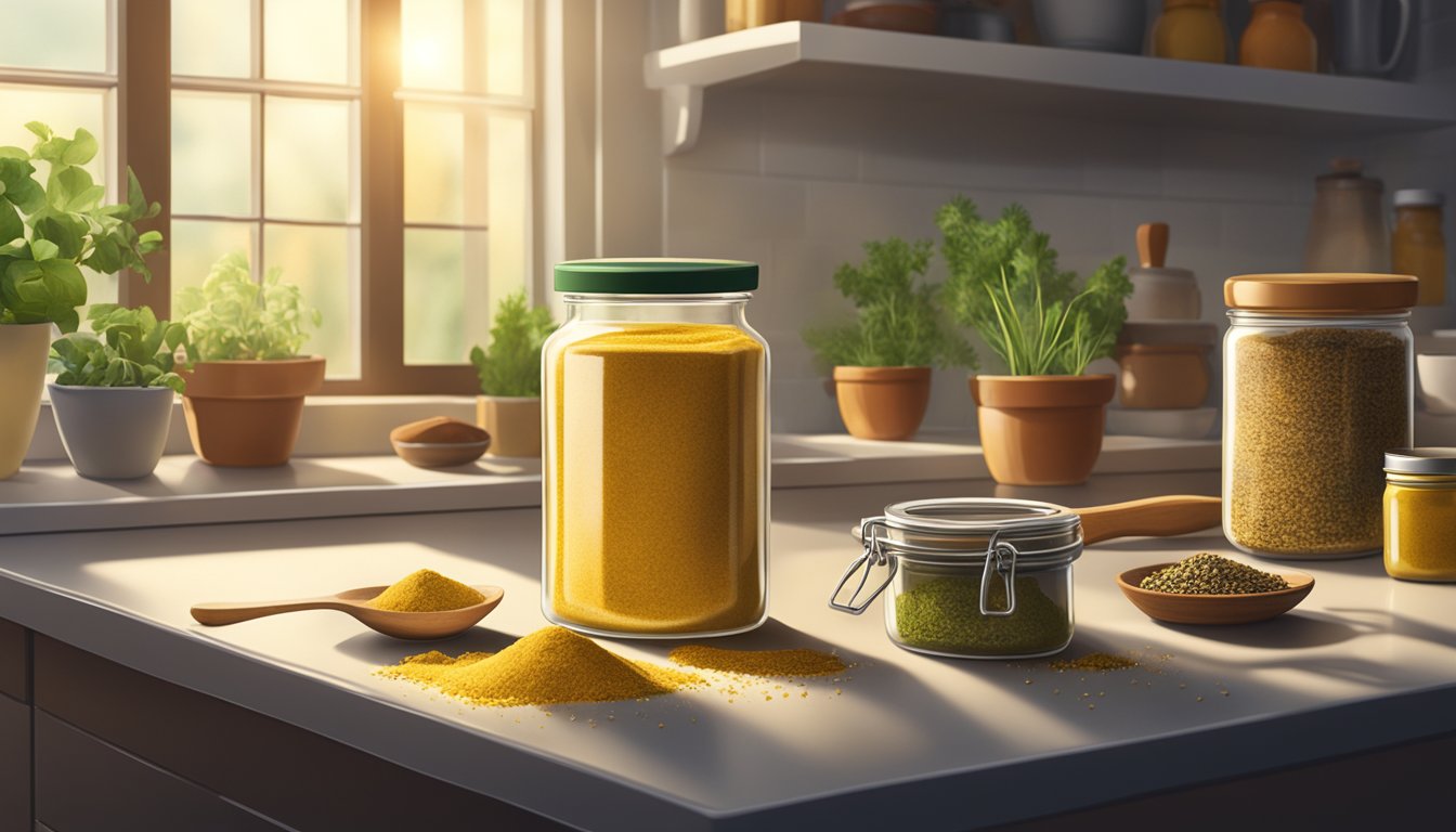 A jar of mustard powder sits open on a kitchen counter, surrounded by various spices and herbs. The sunlight streams in through the window, casting a warm glow over the scene