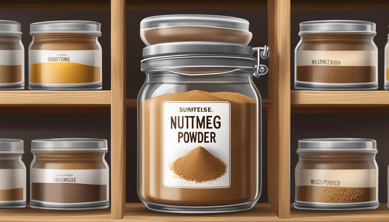 A tightly sealed glass jar of nutmeg powder on a shelf, away from direct sunlight and moisture, with a label indicating the date of purchase