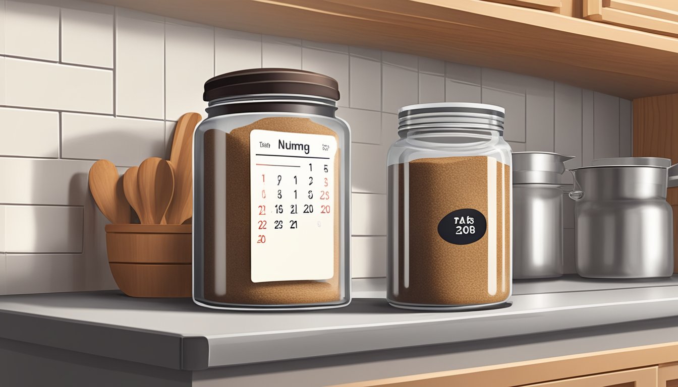 A jar of nutmeg powder sits on a kitchen shelf, with a calendar showing the current date and an expiration date circled in red