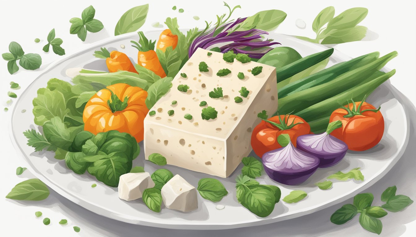 A block of Nasoya Organic Tofu sits on a clean, white plate, surrounded by a variety of colorful vegetables and herbs