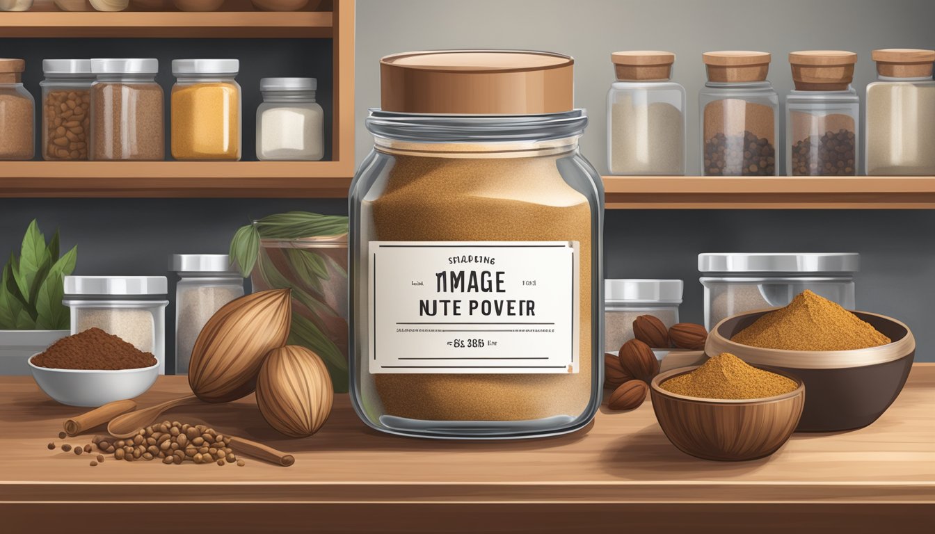 A jar of nutmeg powder sits on a kitchen shelf, surrounded by other spices and ingredients. The jar is closed, with a label indicating the expiration date