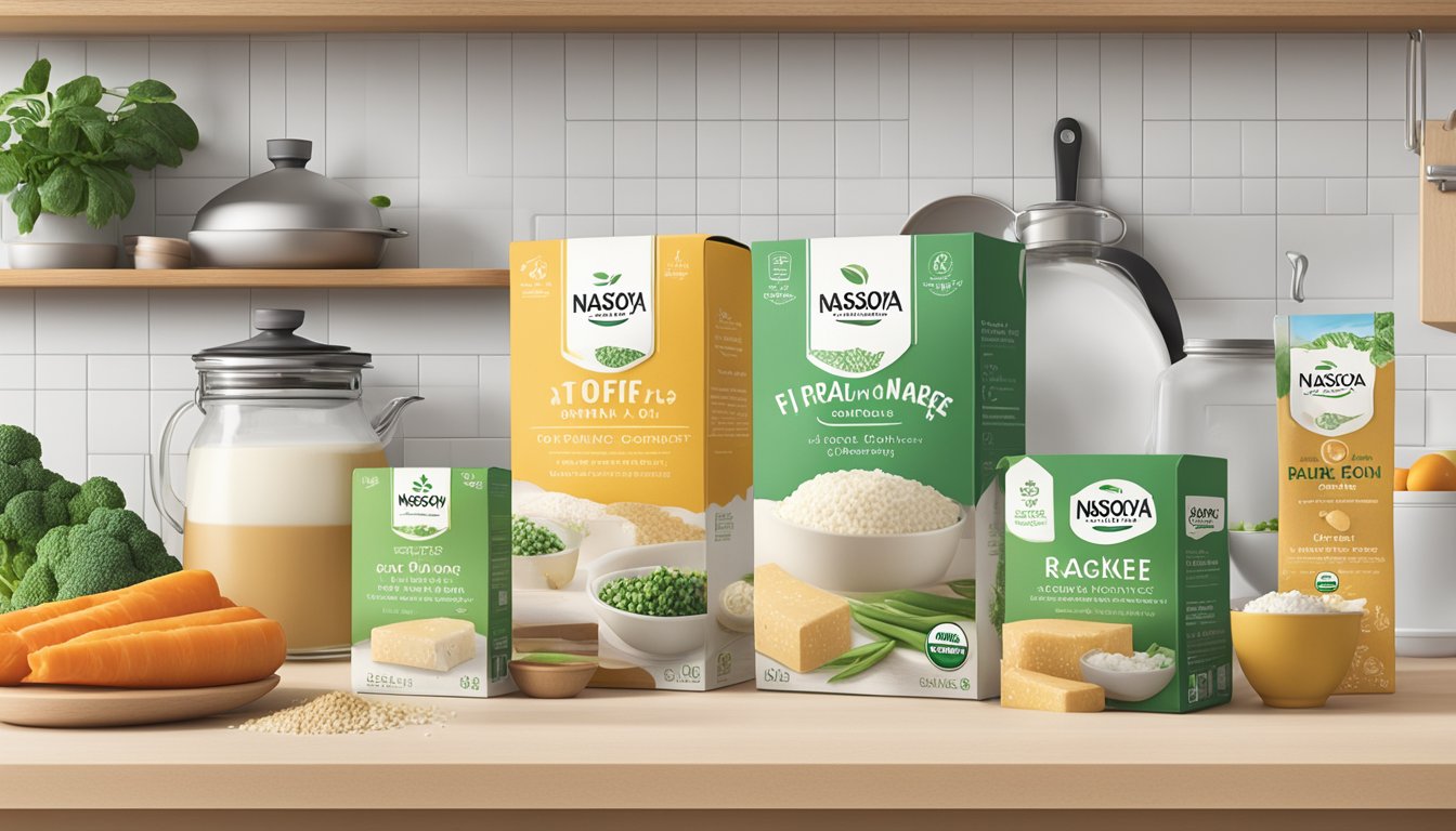 A package of Nasoya Organic Tofu sits on a clean, well-lit kitchen shelf, surrounded by other ingredients and cookware