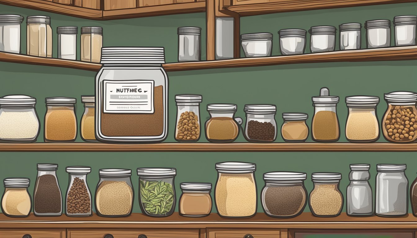 A jar of nutmeg powder sits on a kitchen shelf, surrounded by other spices and herbs. The label on the jar indicates the expiration date, while the powder inside appears dry and aromatic