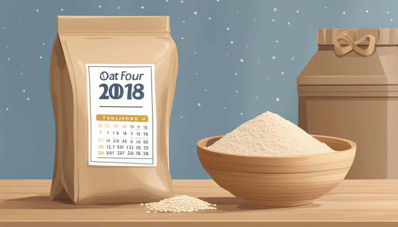 A sealed bag of oat flour sits on a pantry shelf, next to a calendar showing the current date and an expiration date several months in the future