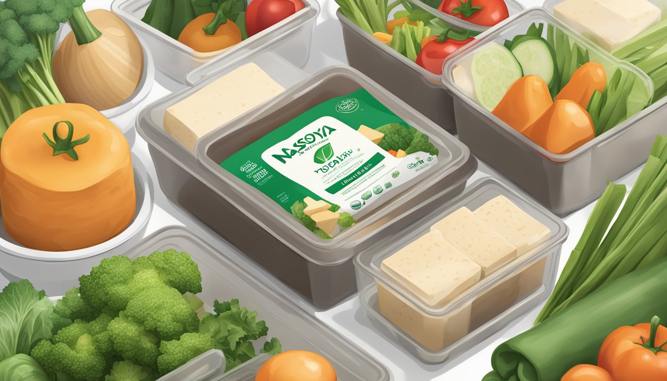 A package of Nasoya Organic Tofu sits unopened in a refrigerator, surrounded by fresh vegetables and other healthy ingredients