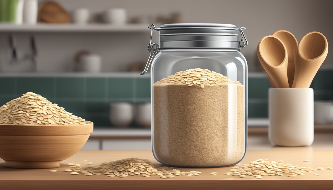 A sealed glass jar filled with oat flour sitting on a kitchen shelf next to a bag of rolled oats and a measuring cup