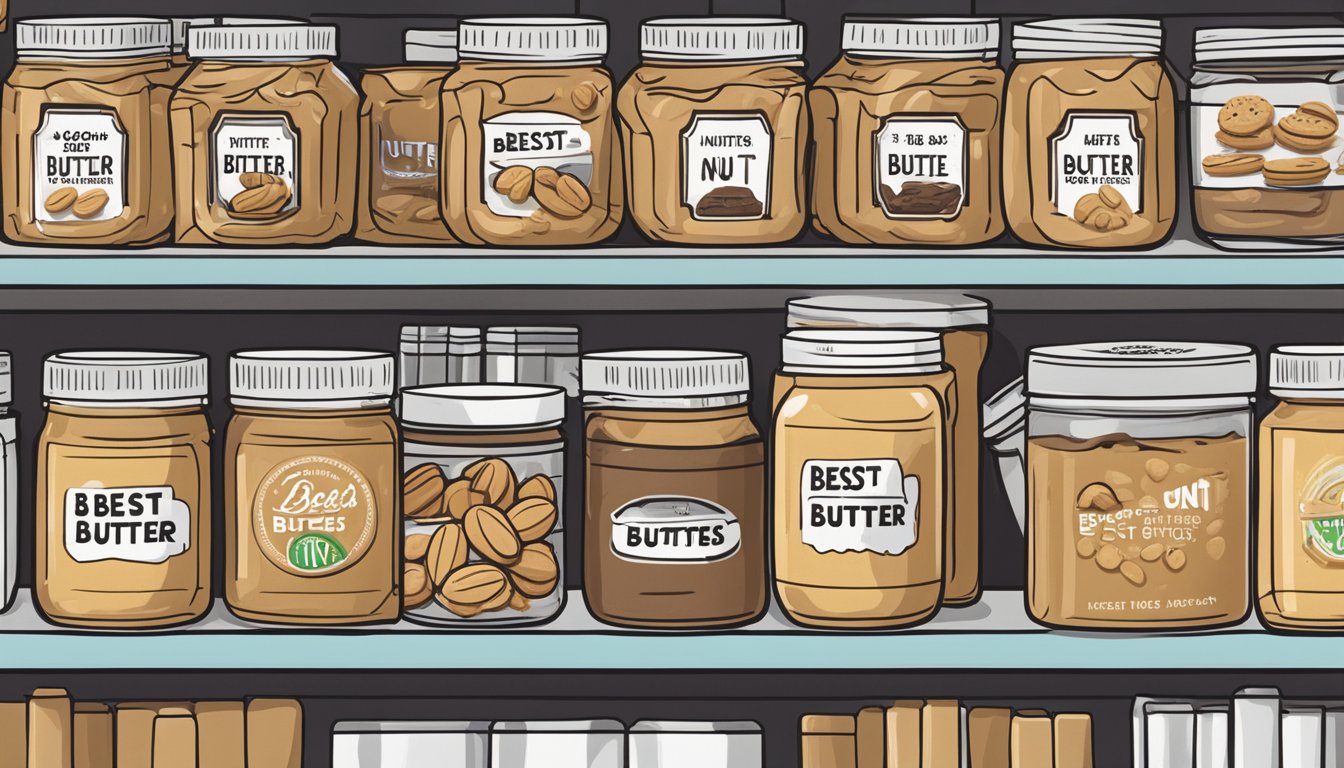 A jar of nut butter sits on a shelf with a "best by" date clearly displayed. A few opened packages of Nutter Butter cookies are scattered around, some empty and others still containing a few cookies