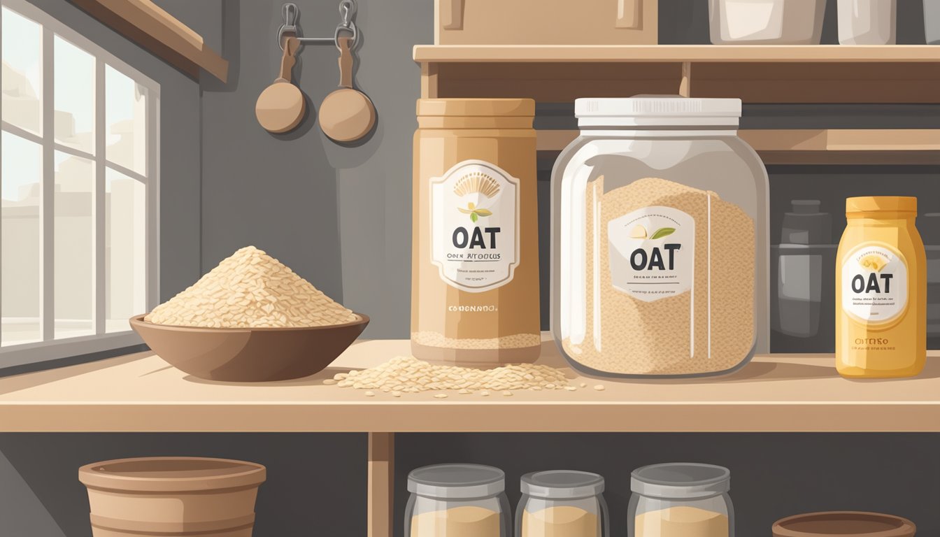 A sealed bag of oat flour sits on a pantry shelf next to a jar of oats and a measuring cup. The room is well-lit and organized