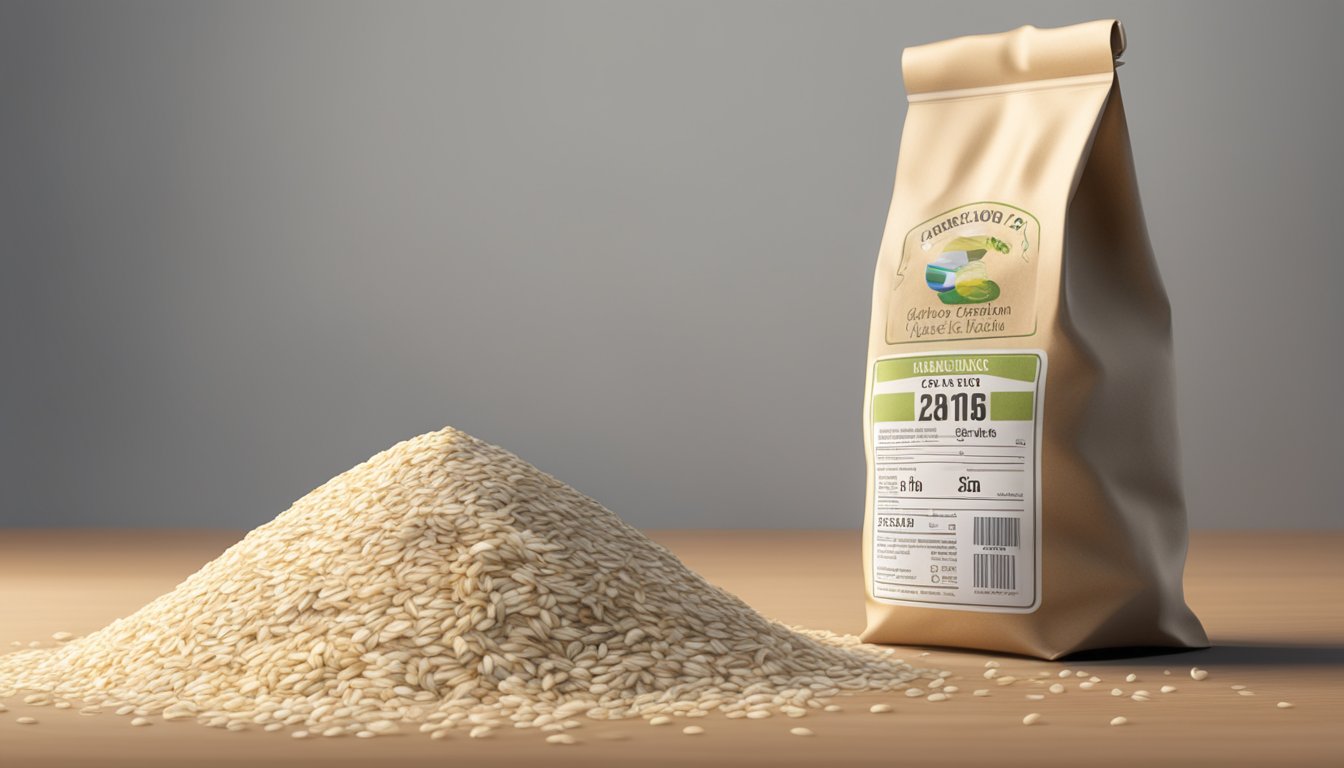 A bag of oat flour with an expiration date label, surrounded by a few spoiling oat grains and mold growth