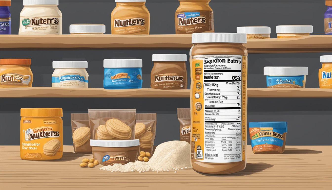 A package of Nutter Butters sits on a shelf, surrounded by various ingredients like flour, sugar, and peanut butter. The expiration date is clearly visible on the packaging