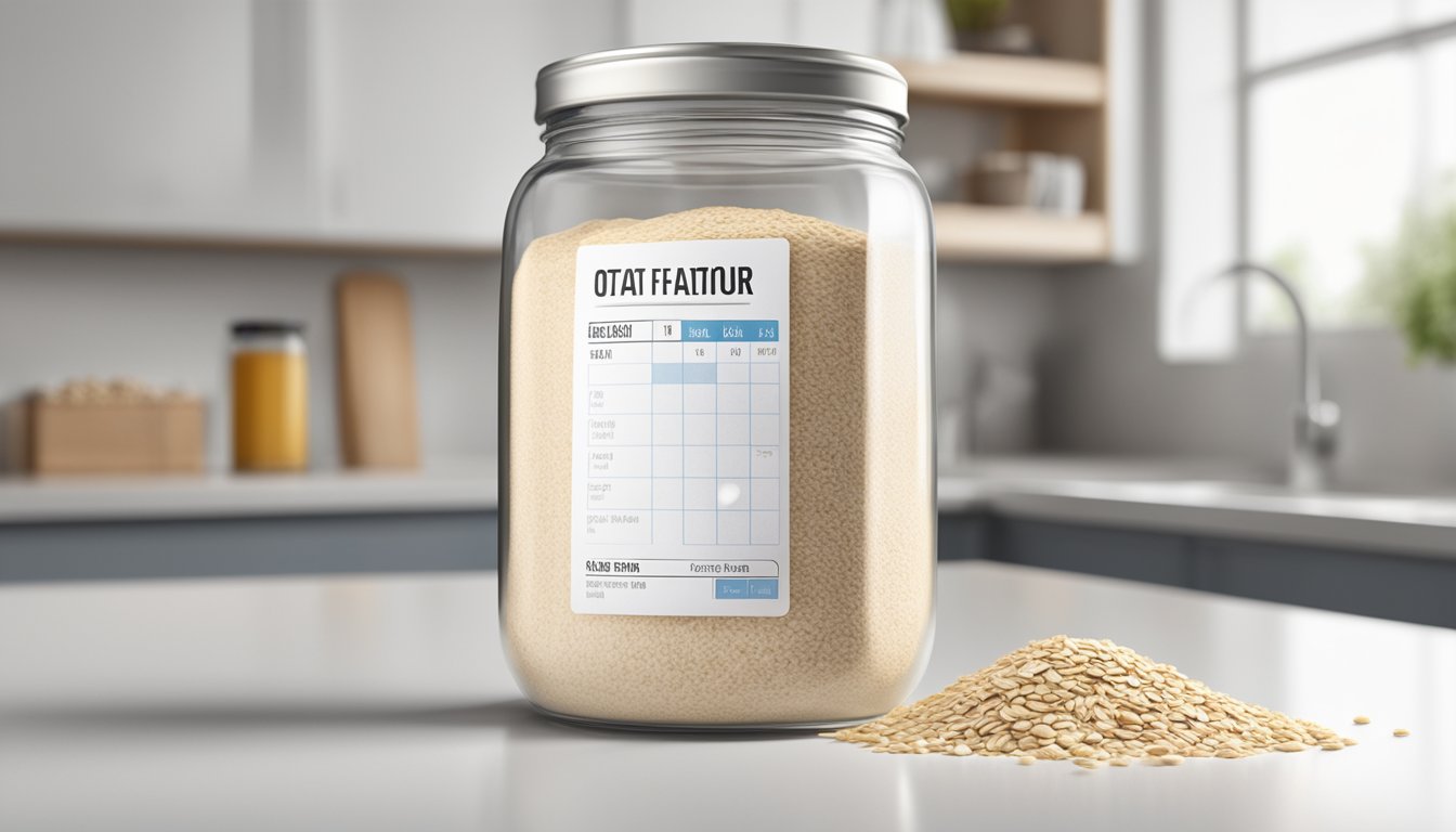 A jar of oat flour sits on a clean, white counter with a label indicating the expiration date. Nearby, a calendar marks the current date