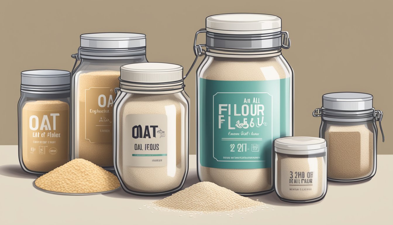 A jar of oat flour sits next to other flours, all labeled with expiration dates