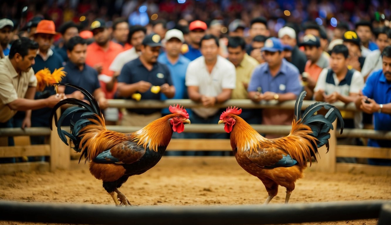 Sebuah arena sabung ayam online yang ramai dengan ayam jantan yang berhadapan di dalam ring, dikelilingi oleh penonton yang antusias memasang taruhan