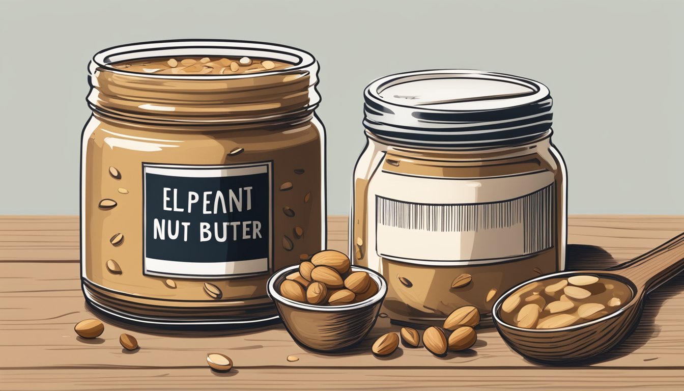 An open jar of nut butter with a label indicating the expiration date. A few scattered nuts and a knife beside it