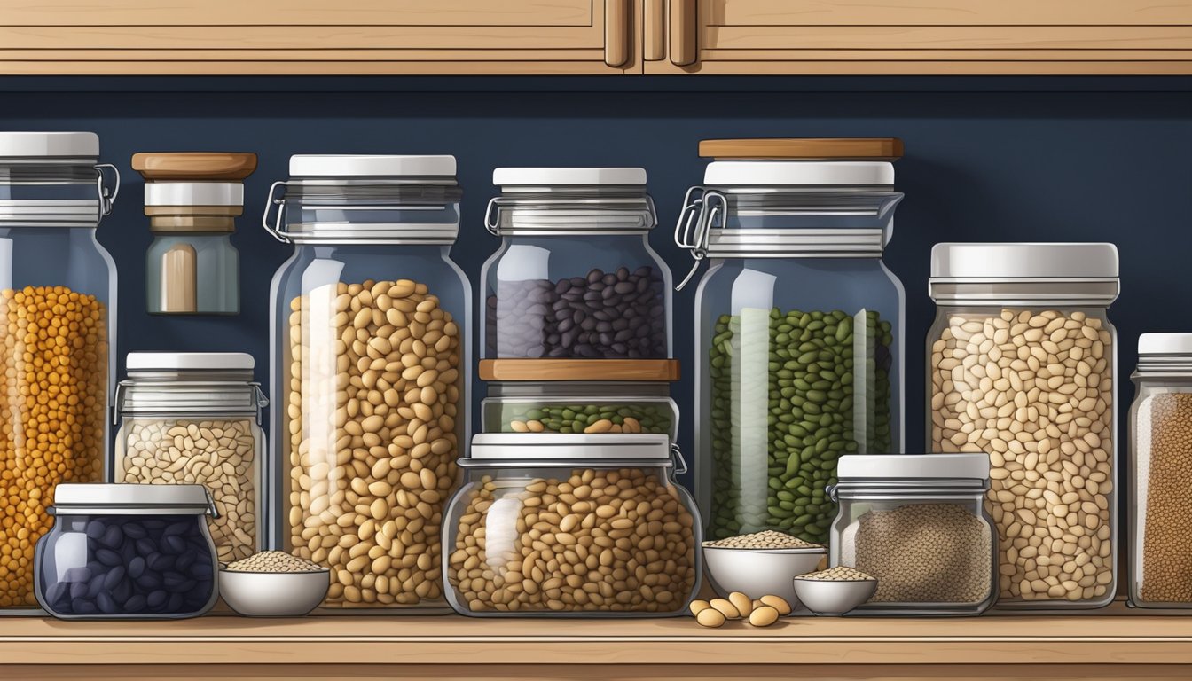 A pantry shelf with a clear glass jar filled with dried navy beans, alongside other cooking ingredients and spices