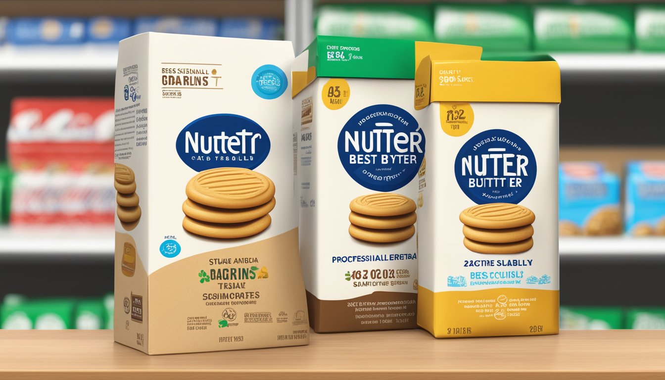 A stack of Nutter Butter cookies sits on a shelf with a "best by" date printed on the packaging. A recycling symbol is visible, indicating the product's sustainability