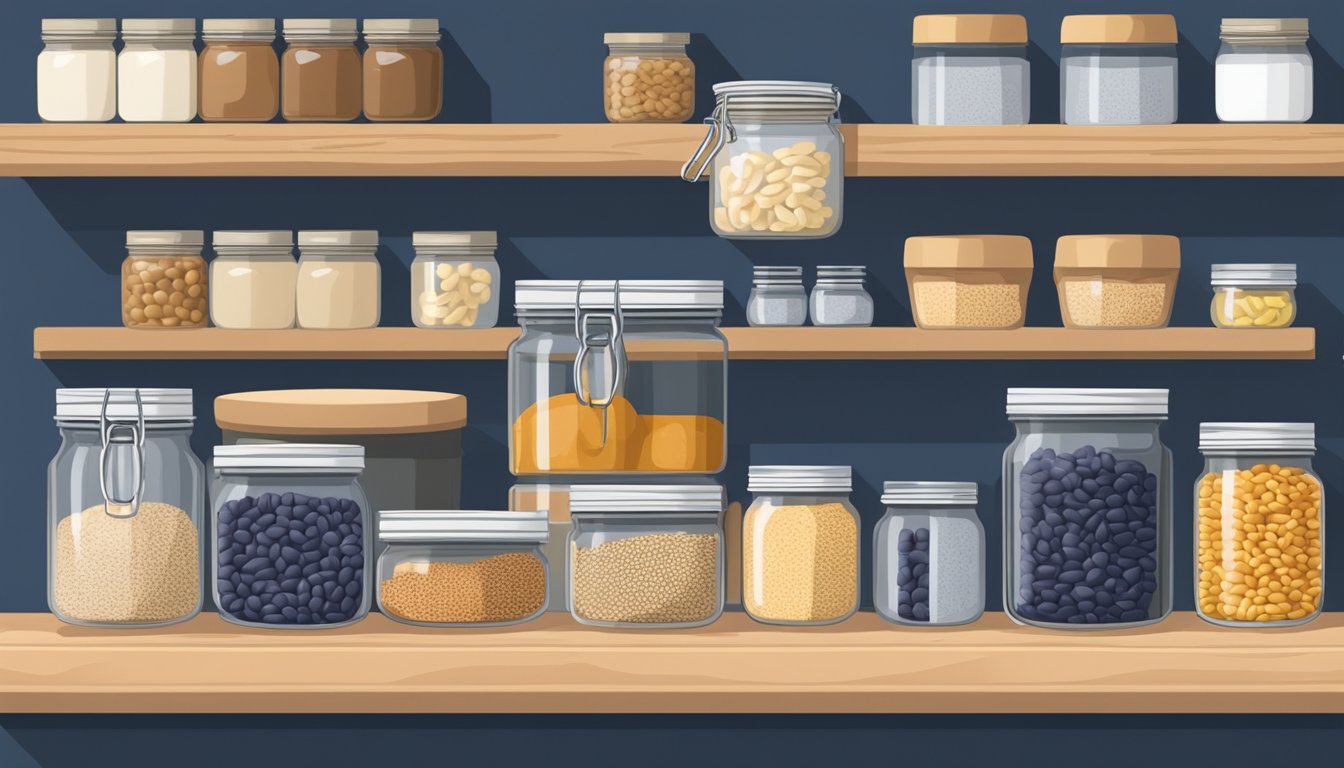 A pantry shelf with a clear jar filled with dried navy beans, surrounded by other food staples and kitchen supplies