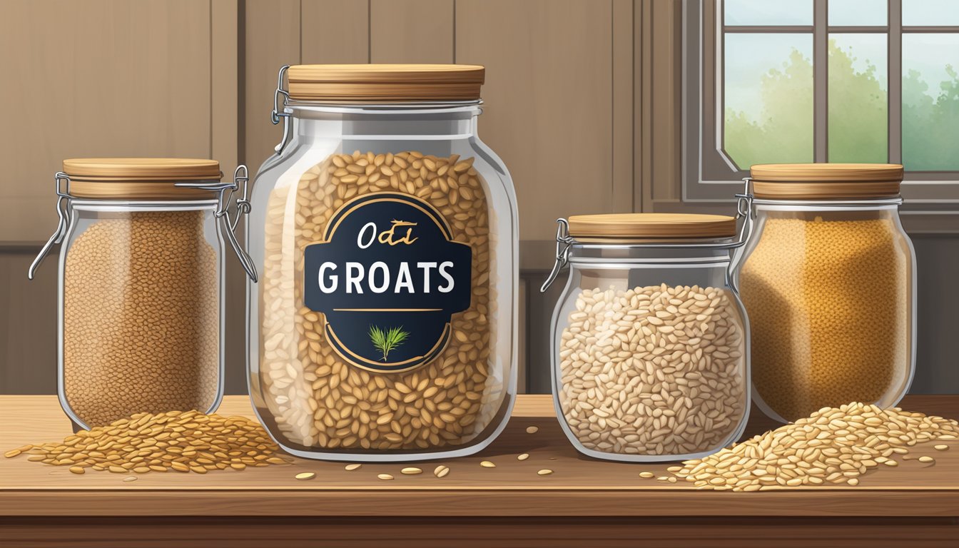 A jar of oat groats sits on a wooden shelf, surrounded by other grains. The label on the jar reads "Oat Groats" and the contents are visible through the glass