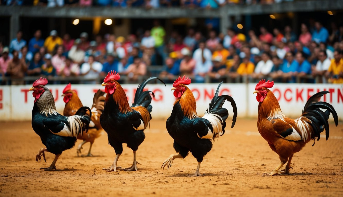 Sebuah arena sabung ayam yang terpercaya ramai dengan penonton dan ayam jantan di tengah pertandingan yang intens dan penuh adrenalin